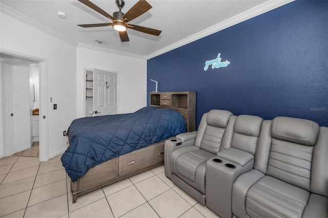 tiled bedroom featuring ceiling fan and crown molding