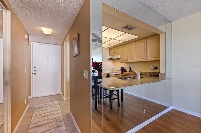 kitchen with a breakfast bar, sink, electric range, light hardwood / wood-style floors, and light stone counters