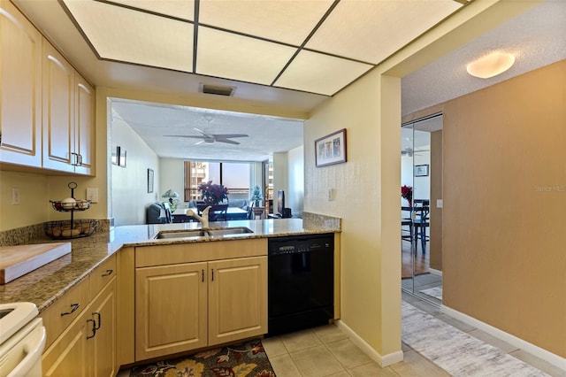 kitchen featuring kitchen peninsula, ceiling fan, sink, light tile patterned floors, and dishwasher