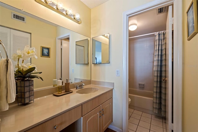 full bathroom with tile patterned flooring, vanity, toilet, and shower / tub combo with curtain