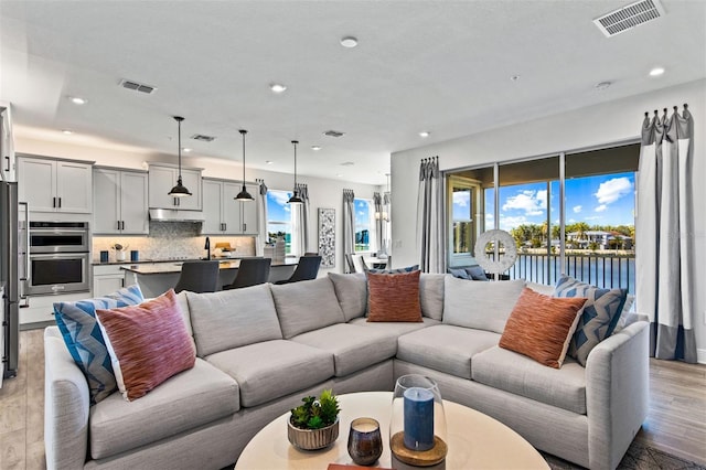 living room with a water view, a healthy amount of sunlight, and light hardwood / wood-style floors