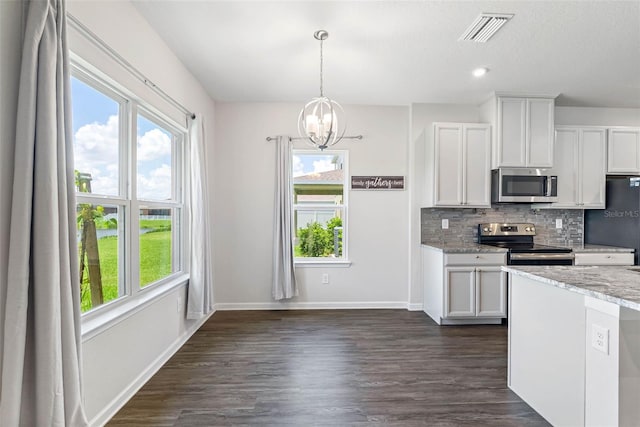 kitchen with pendant lighting, a wealth of natural light, white cabinetry, and appliances with stainless steel finishes