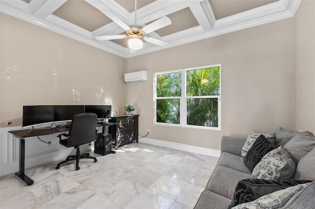 office with baseboards, coffered ceiling, a ceiling fan, ornamental molding, and a wall mounted air conditioner