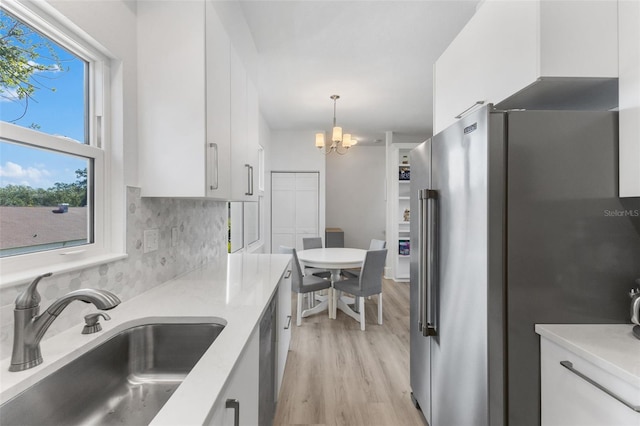 kitchen featuring tasteful backsplash, high end fridge, white cabinetry, and a sink