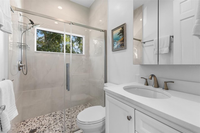 full bath with toilet, a stall shower, and vanity