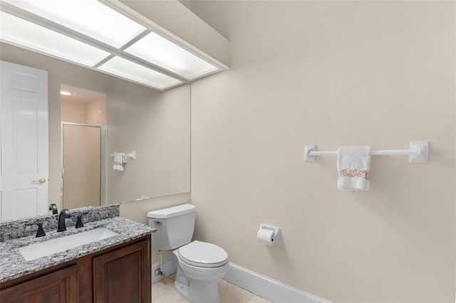 full bathroom featuring baseboards, toilet, tile patterned floors, vanity, and a shower stall