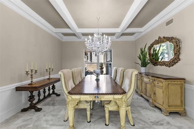 dining space featuring a notable chandelier, visible vents, coffered ceiling, and beamed ceiling