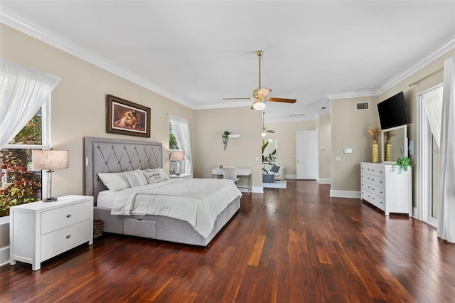 bedroom with dark wood-style flooring, a ceiling fan, baseboards, visible vents, and crown molding