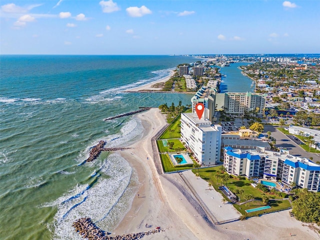 aerial view with a view of the beach and a water view