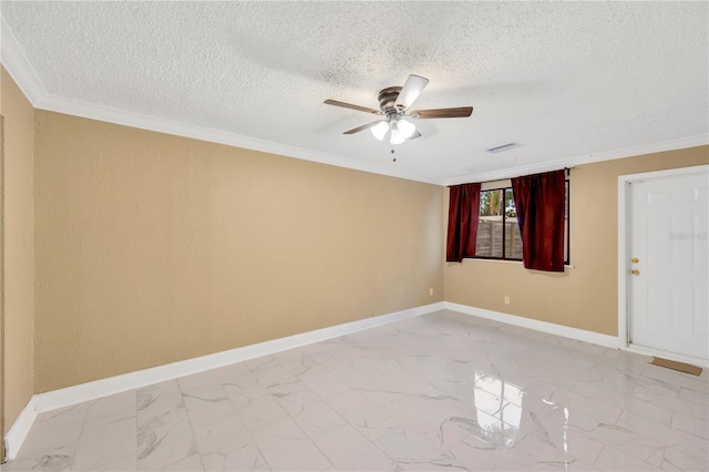 spare room with a textured ceiling, ceiling fan, and crown molding