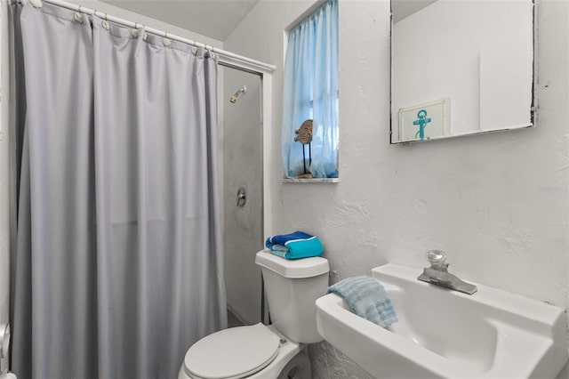 bathroom featuring toilet, curtained shower, and sink