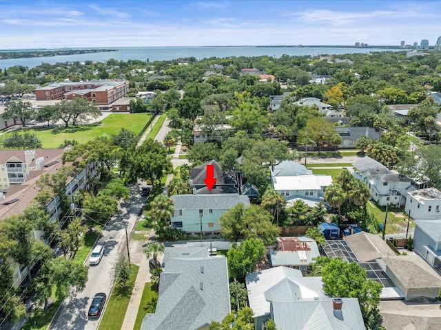 drone / aerial view featuring a water view