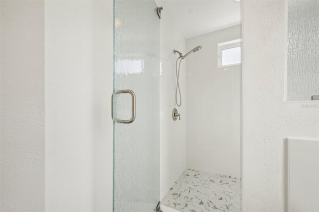 bathroom with a shower with shower door