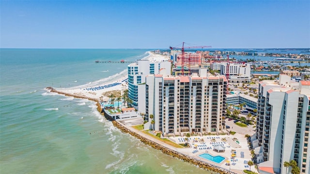 bird's eye view with a view of the beach and a water view