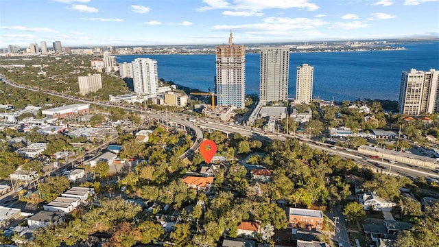 aerial view featuring a water view