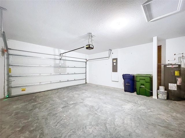 garage featuring electric panel, a garage door opener, and water heater