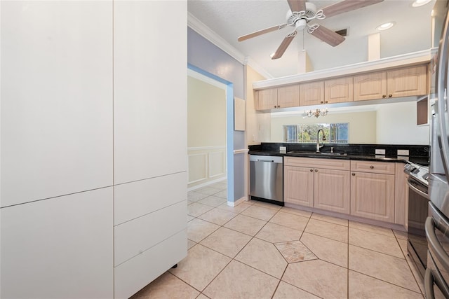 kitchen with sink, ornamental molding, stainless steel appliances, and light tile patterned flooring