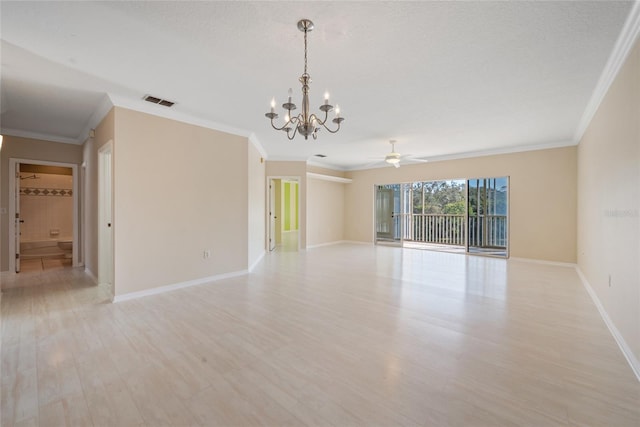 empty room with crown molding, ceiling fan with notable chandelier, and light wood-type flooring