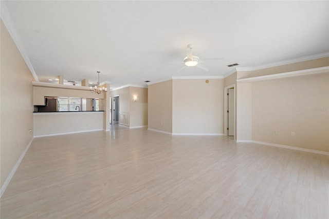 unfurnished living room featuring crown molding, ceiling fan with notable chandelier, and light hardwood / wood-style floors