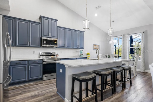 kitchen with dark hardwood / wood-style floors, sink, a kitchen island with sink, and appliances with stainless steel finishes