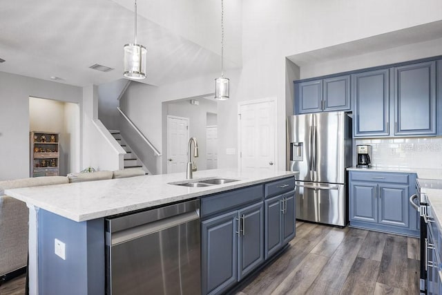 kitchen featuring stainless steel appliances, sink, blue cabinetry, pendant lighting, and a center island with sink