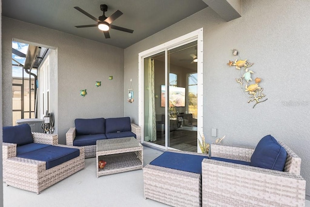 view of patio featuring ceiling fan and an outdoor hangout area