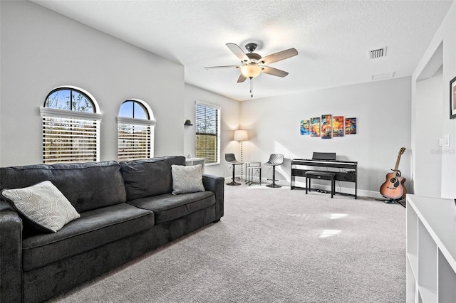 carpeted living room with plenty of natural light, ceiling fan, and a textured ceiling