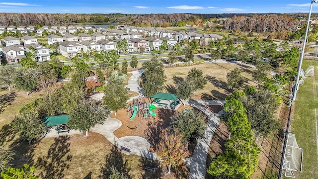 birds eye view of property with a residential view and a wooded view