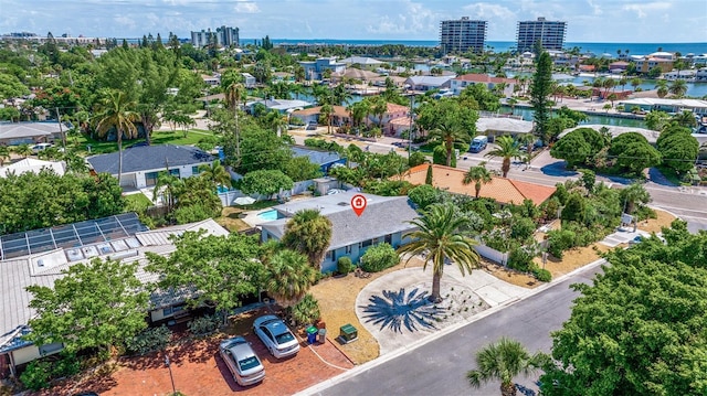 drone / aerial view featuring a water view