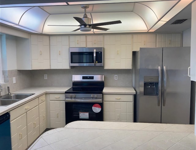 kitchen with white cabinets, sink, ceiling fan, tasteful backsplash, and stainless steel appliances