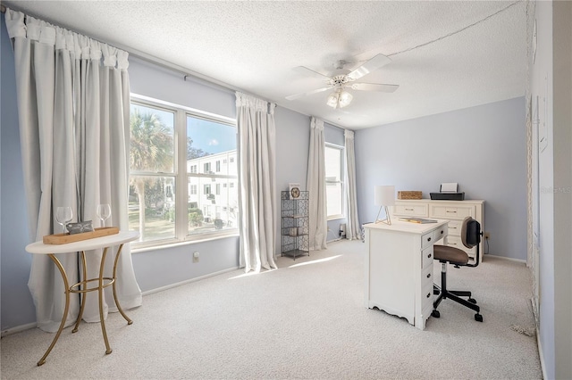 carpeted home office with ceiling fan and a textured ceiling