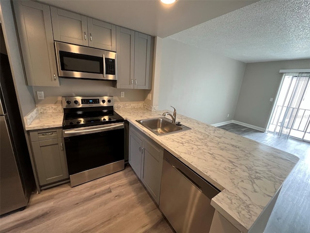 kitchen featuring kitchen peninsula, sink, gray cabinets, and stainless steel appliances