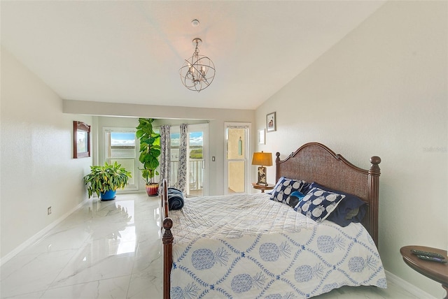 bedroom with a chandelier, access to outside, and vaulted ceiling