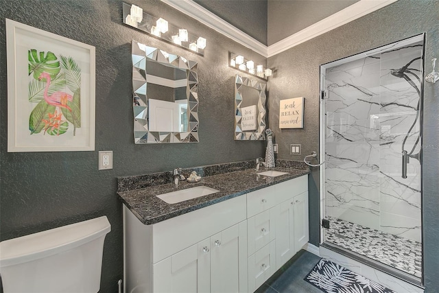 bathroom with vanity, toilet, an enclosed shower, and ornamental molding