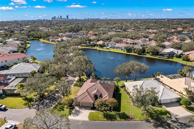 drone / aerial view with a water view