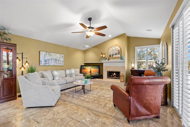 living room featuring lofted ceiling and ceiling fan