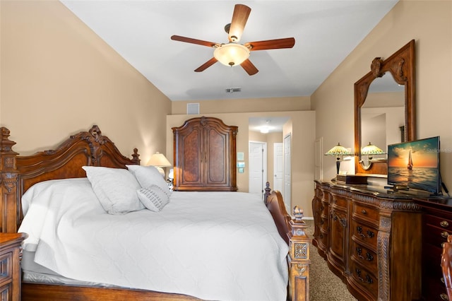 carpeted bedroom featuring ceiling fan