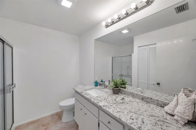 bathroom with tile patterned floors, vanity, toilet, and an enclosed shower