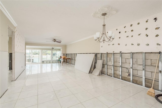 tiled empty room with crown molding and ceiling fan with notable chandelier