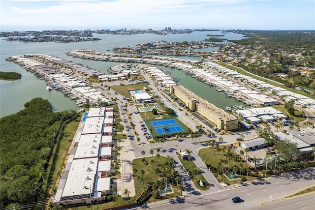 bird's eye view with a water view