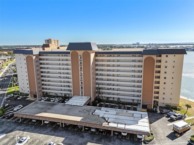 view of building exterior featuring a water view