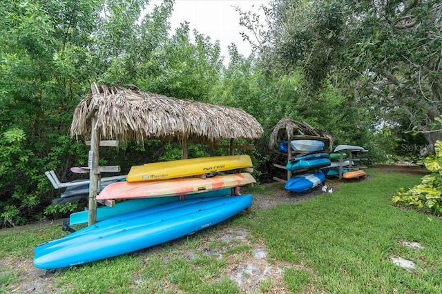 view of jungle gym with a lawn