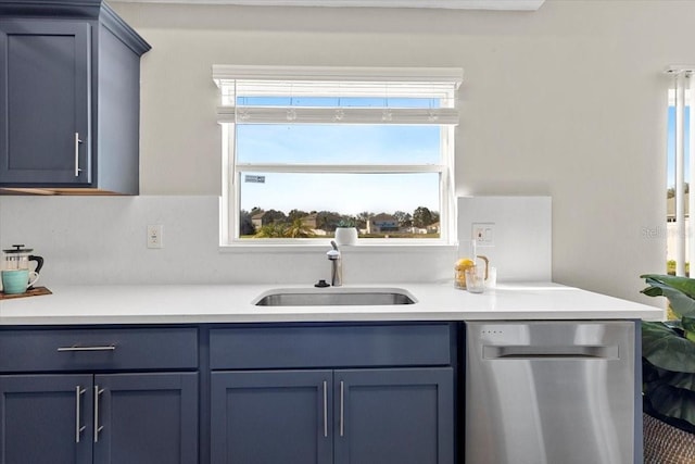 kitchen featuring blue cabinetry, dishwasher, and sink