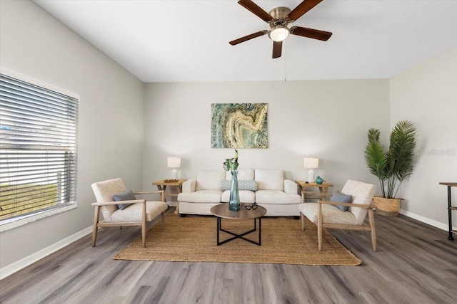 living room featuring ceiling fan and wood-type flooring