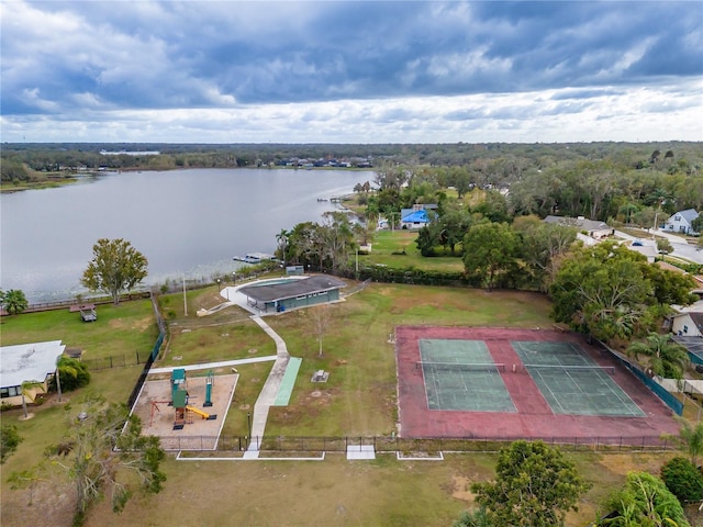 bird's eye view with a water view