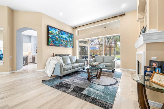 living room with light hardwood / wood-style floors, a towering ceiling, and a fireplace