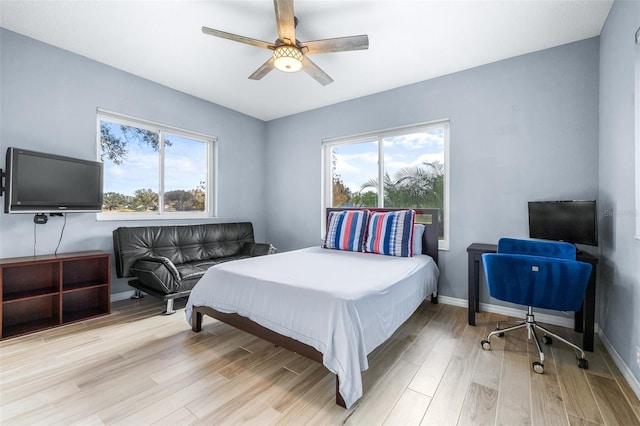 bedroom with ceiling fan and light wood-type flooring