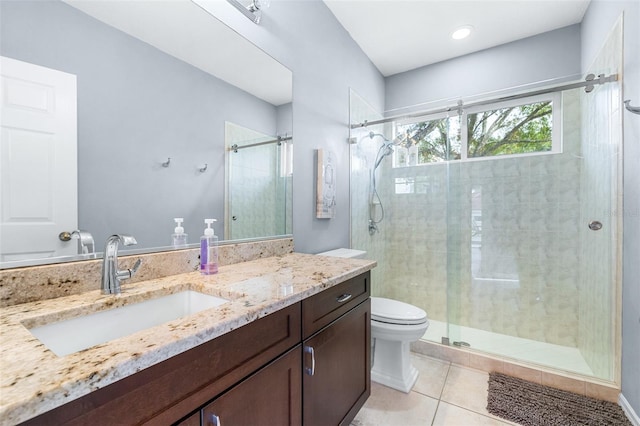 bathroom featuring tile patterned flooring, vanity, toilet, and an enclosed shower