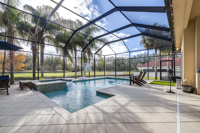 view of pool featuring a lanai, an in ground hot tub, and a patio