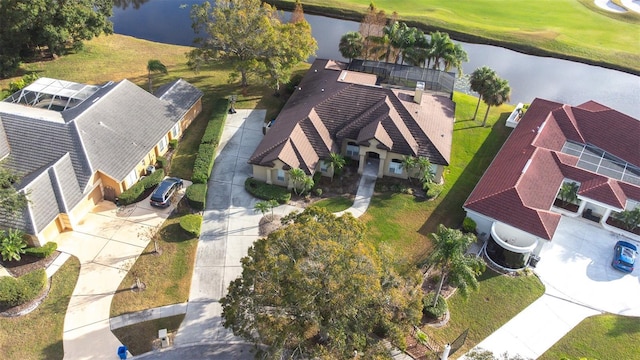 aerial view featuring a water view